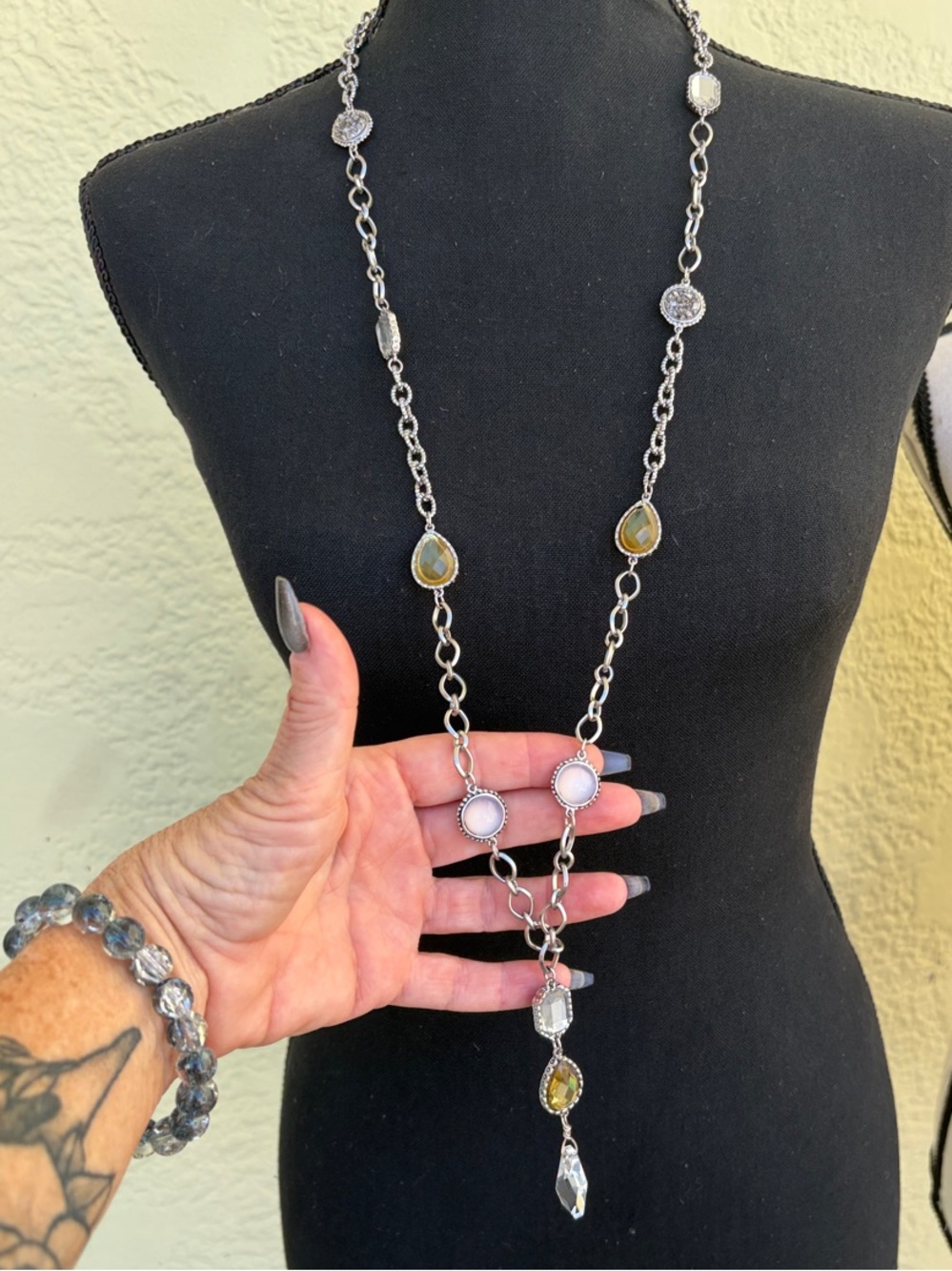 Chico's Silver-Tone Long Station necklace with Pink and Yellow Stones DISCOUNT
